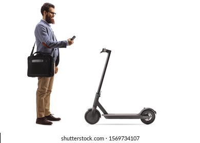 Bearded Man With A Laptop Case Renting A Scooter With A Mobile Phone Isolated On White Background