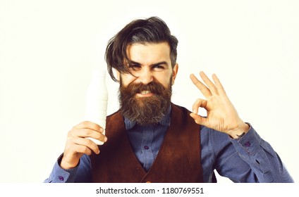 Bearded Man, Long Beard, Brutal Caucasian Hipster With Moustache Holding Bottle Of Kefir Or Yoghurt With Happy Face Isolated On White Background