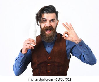 Bearded Man, Long Beard, Brutal Caucasian Hipster With Moustache Holding Bottle Of Kefir Or Yoghurt With Happy Face Isolated On White Background