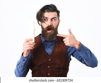 Bearded Man, Long Beard, Brutal Caucasian Hipster With Moustache Holding Bottle Of Kefir Or Yoghurt With Surprised Face Isolated On White Background