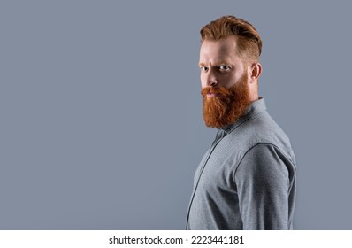 Bearded Man With Long Beard Isolated On Grey Background, Copy Space.