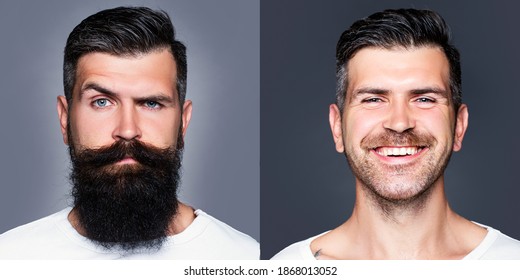 Bearded Man With Long Beard And Mustache Or Handsome Hipster In Barbershop. Shaved Vs Unshaven Barber Hair Salon. Before And After