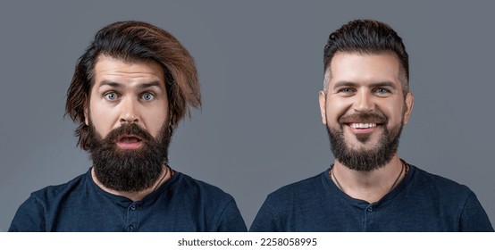 Hombre con barba y bigote largos o apuesto hipster en barbería. Salón de pelo Barber afeitado vs sin afeitar. Antes y después. Estilista de pelo estilo pelo. Diseño de la peluquería. Retrato de un conjunto de hombres.