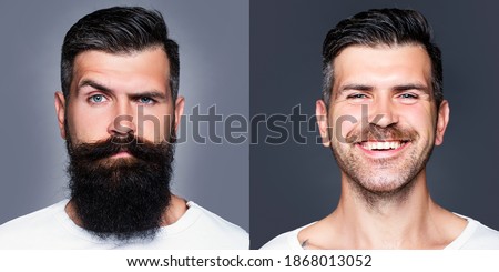 Bearded man with long beard and mustache or handsome hipster in barbershop. Shaved vs unshaven Barber hair salon. Before and after
