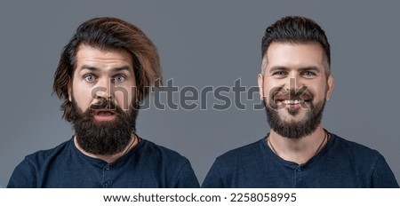 Bearded man with long beard and mustache or handsome hipster in barbershop. Shaved vs unshaven Barber hair salon. Before and after. Hair style hair stylist. Barber shop design. Set of mans portrait.