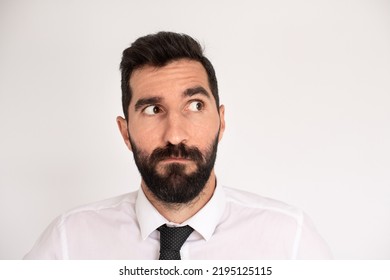Bearded Man Making Funny Face. Male Model In Suit Fooling Around. Portrait, Emotion Concept