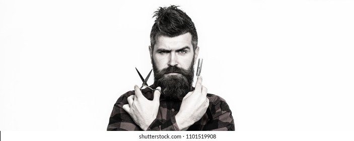 Bearded man, bearded male. Portrait of stylish man beard. Barber scissors and straight razor, barber shop. Vintage barbershop, shaving. Black and white