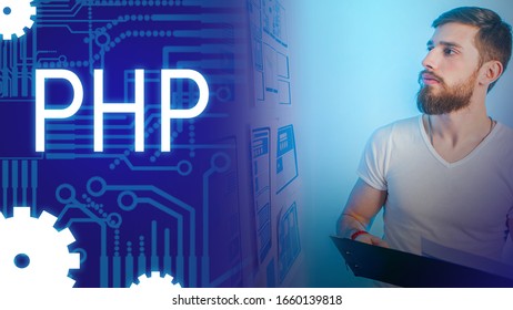 A bearded man on a technical background with the inscription PHP. Interpreted programming language. PHP scripting language. A programming language for developing web applications.