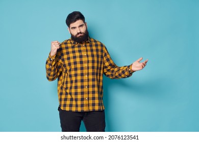 Bearded Man In Plaid Shirt Full Body Emotions Blue Background