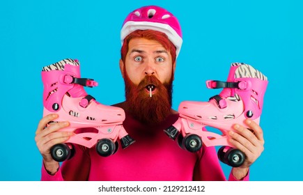 Bearded Man In Protective Helmet With Roller Skating. Roller Skater. Rollerblading. Active Sport.