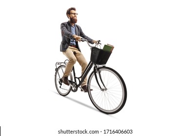 Bearded Man Riding A Bicycle Isolated On White Background