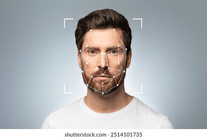 A bearded man stands front-facing with a facial recognition grid overlayed against a neutral backdrop. - Powered by Shutterstock - Get 15% off with code: PIKWIZARD15
