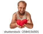 A bearded man in a tank top holds a red plush heart with a humorous, slightly awkward expression. Isolated on a white background. The image conveys love, affection and humor in Valentine