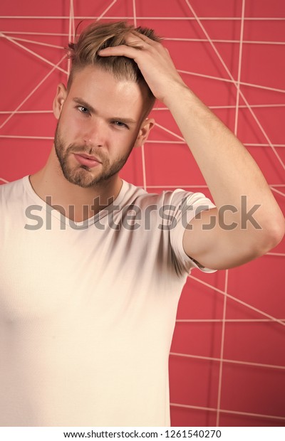 Bearded Man Touch Hair Stylish Haircut Stock Photo Edit Now