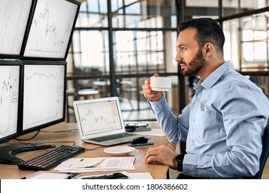 Bearded man trader sitting at desk in front of monitors at office holding cup drinking hot coffee using trading bot program make trades on user behalf cryptocurrency exchange looking at monitor with - Shutterstock ID 1806386602