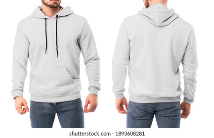 Bearded Man Wears White Hoodie Back And Front. Isolated Photo Of Man In White Sweatshirt