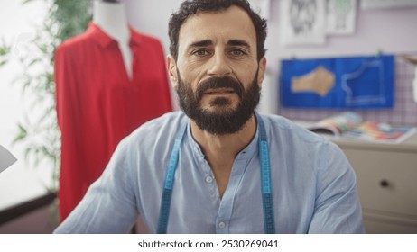 A bearded middle-aged man in a tailor shop, surrounded by garments and sewing materials. - Powered by Shutterstock