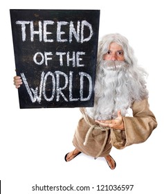 The Bearded Monk Carries A Blackboard The End Of The World, Isolated On White Background. Visionary Shows Up A Sign With A Text Of Armageddon. Man Threatens To End The World.