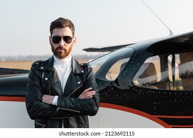 Bearded Pilot Stylish Sunglasses Leather Jacket Stock Photo 2123692115 ...