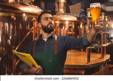 Bearded professional brewer holding clipboard, examining freshly made beer in a glass. Beer craftsman working at his microbrewery holding up beer mug. Manufacturing, food and drink industry concept - Powered by Shutterstock