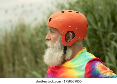 Bearded Senior Man Prepared For  Water Rafting Serious Look.