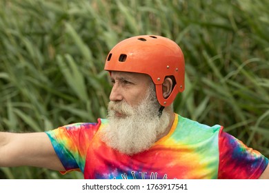 Bearded Senior Man Prepared For Water Rafting Serious Look.