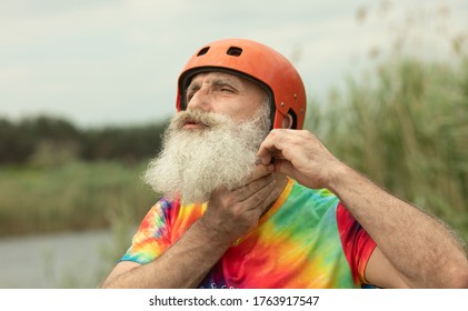 Bearded Senior Man Prepared For Water Rafting Serious Look.