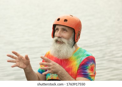 Bearded Senior Man Prepared For Water Rafting Serious Look.