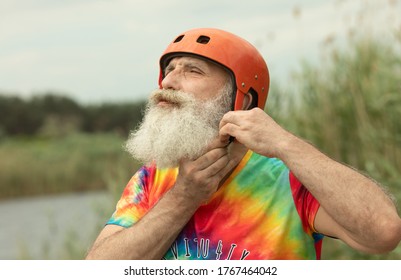 Bearded Senior Man Prepared For Water Rafting Serious Look.