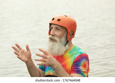 Bearded Senior Man Prepared For Water Rafting Serious Look.