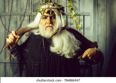 Bearded senior strange mysterious man wizard in long white wig vine crown as Zeus god with big animal horns indoor on wooden background