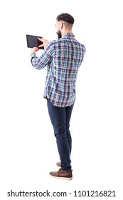 Bearded Young Business Man Pinching Tablet Touch Screen With Finger To Resize. Full Body Isolated On White Background.