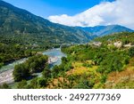 Beas river near Kullu town aerial panoramic landscape, Kullu valley in Himachal Pradesh state in India