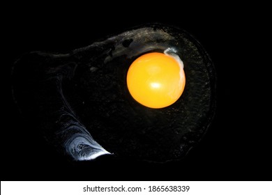 Beaten Chicken Egg On A Black Background. Flowing Egg White And Solid Egg Yolk.