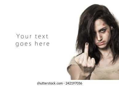 Beaten Up Girl Showing Middle Finger Card