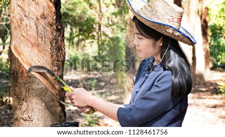 Beatiful asian woman smile in rubber plantation , Thailand