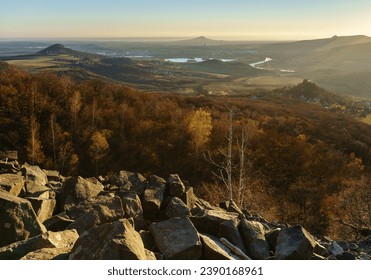 Beatiful view from Plešivec mountain, rock field, Central Bohemian Hihglands, Czech Republic