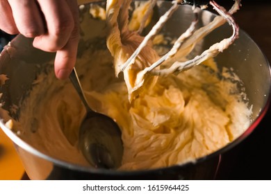 Beating Cream Filling For Pie. White Mass On The Mixer.