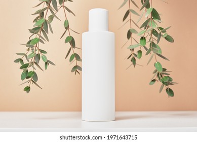 Beaty product package. Cosmetic bottle on pastel beige background with plant leaves. Cosmetics mock up