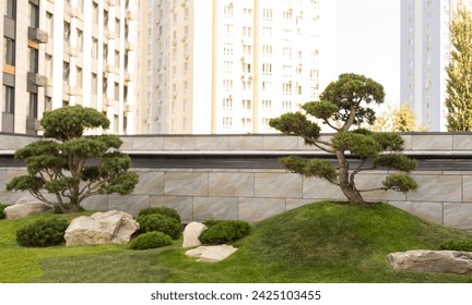 Beauiful outdoors gardening decoration near modern office building, outdoor gardening image for corporate buildings concept.