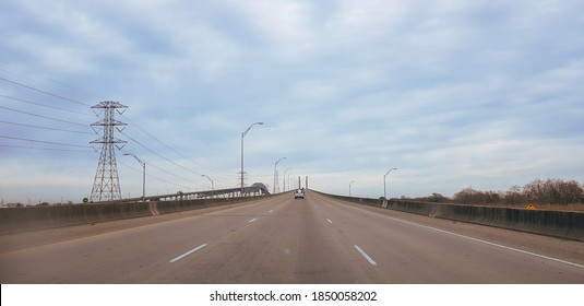 Beaumont, Texas / USA - Dec 21 2019: Road Approaching Bridges Over Neches River