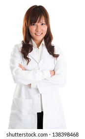 Beautician. Asian Beauty Spa Massage Therapist Woman In Lab Coat Standing Isolated On White Background