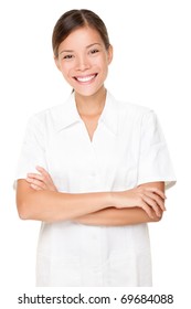 Beautician. Beauty Spa Massage Therapist Woman Portrait Isolated On White Background. Mixed Race Asian Caucasian Model.