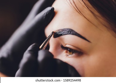 Beautician- Makeup Artist Applies Paint Henna On Previously Plucked, Design, Trimmed Eyebrows In A Beauty Salon In The Session Correction. Professional Care For Face.