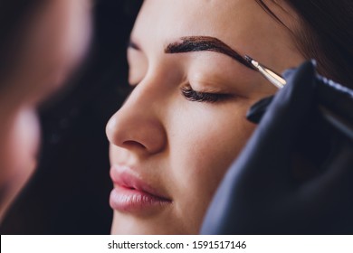 beautician- makeup artist applies paint henna on previously plucked, design, trimmed eyebrows in a beauty salon in the session correction. Professional care for face.