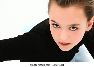 Beautiful 10 Year Old Tween Girl Dramatic Headshot Over White.