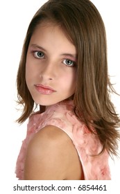 Beautiful 12 Year Old Girl In Make-up And Formal Dress.  Headshot.