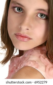 Beautiful 12 Year Old Girl In Make-up And Formal Dress.  Headshot.