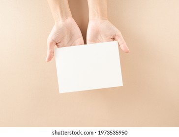 Beautiful 5x7 Mockup Card, Clean, Pastel, Woman Holding Card