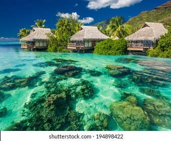 Beautiful above and underwater coral landscape of a tropical resort